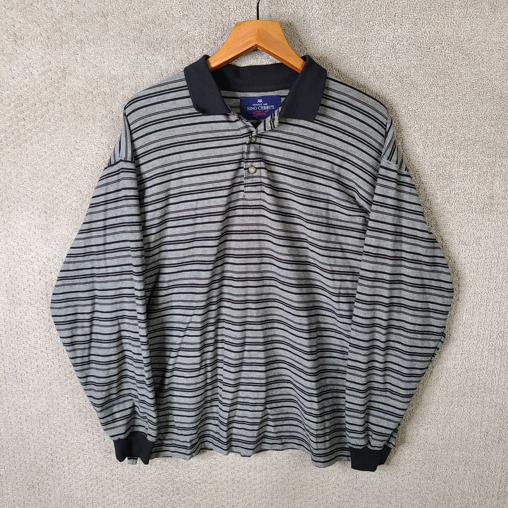 Nino‎ Cerruti Sport Shirt Mens L Gray Black Striped Long Sleeve Polo Casual
